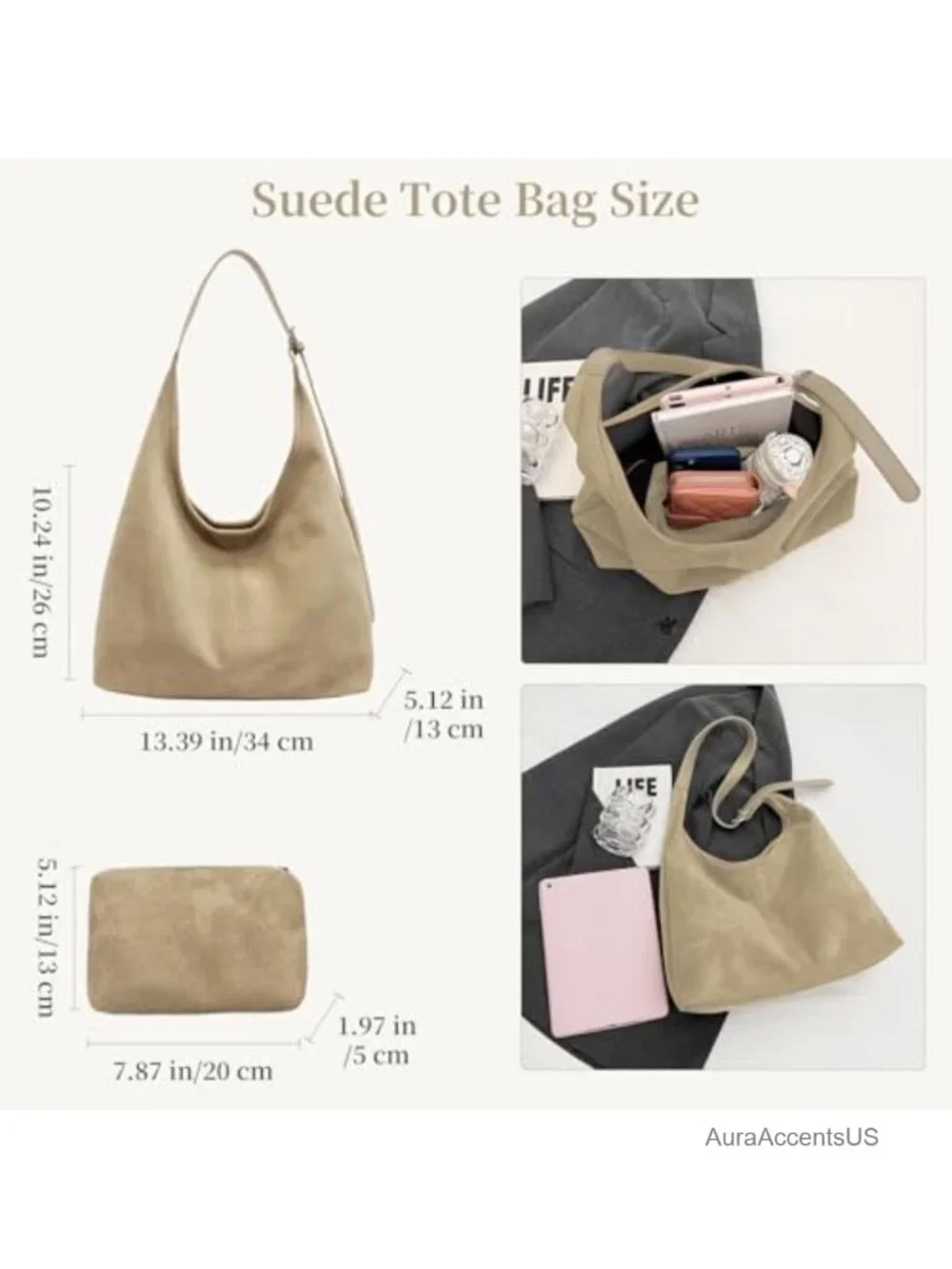 Faux Suede Hobo Bag with Detachable Small Purse, Slouchy Shoulder Crossbody Tote